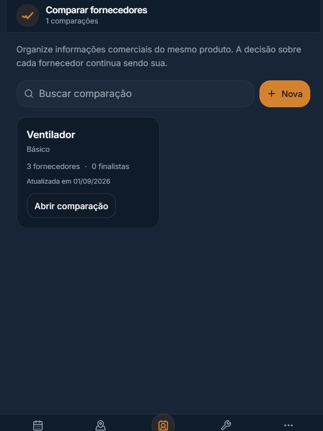 Tela real do app mostrando comparação de fornecedores