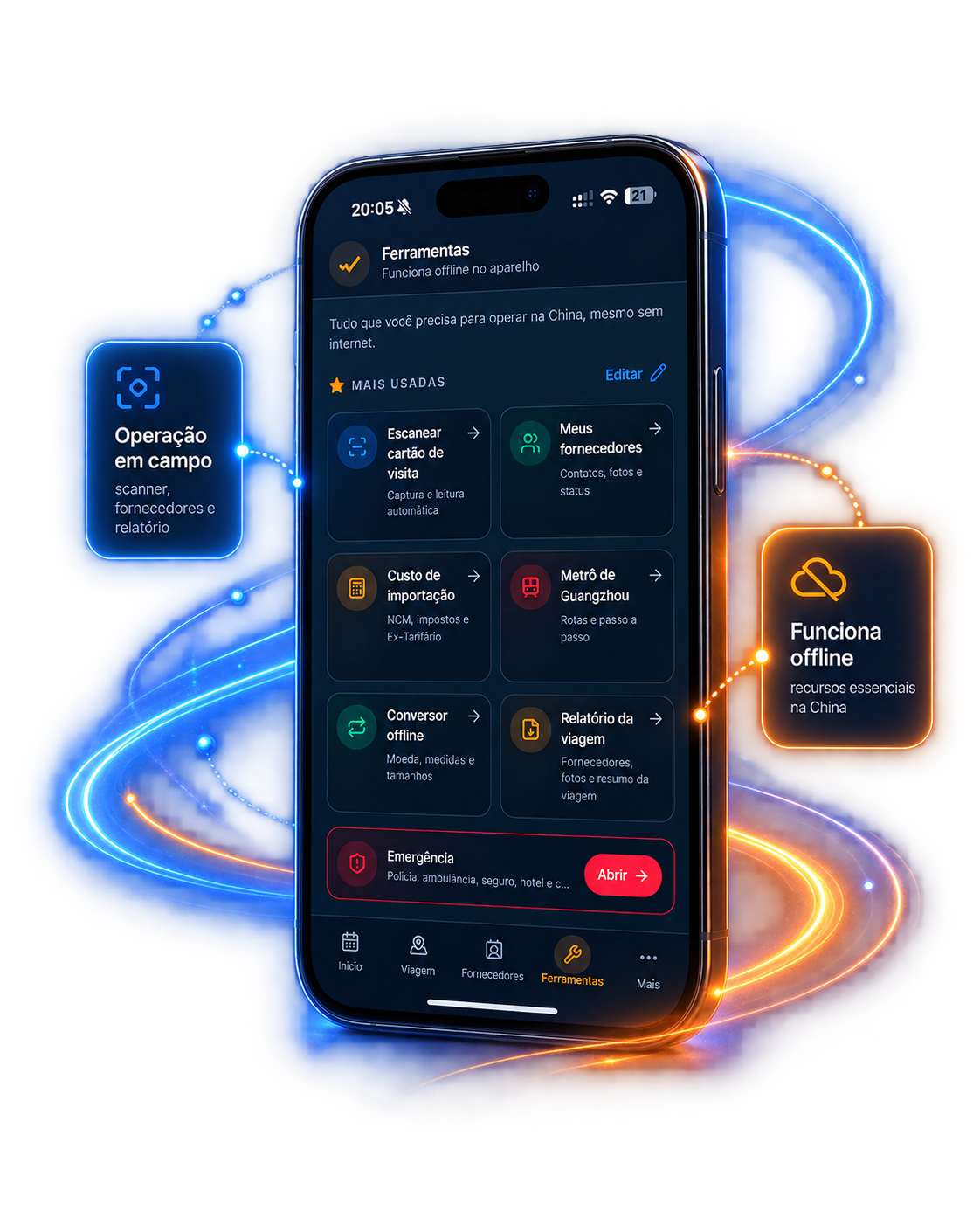 Aplicativo Trilha do Importador com scanner de cartão, fornecedores, custo de importação, metrô de Guangzhou, conversor offline, relatório da viagem e emergência